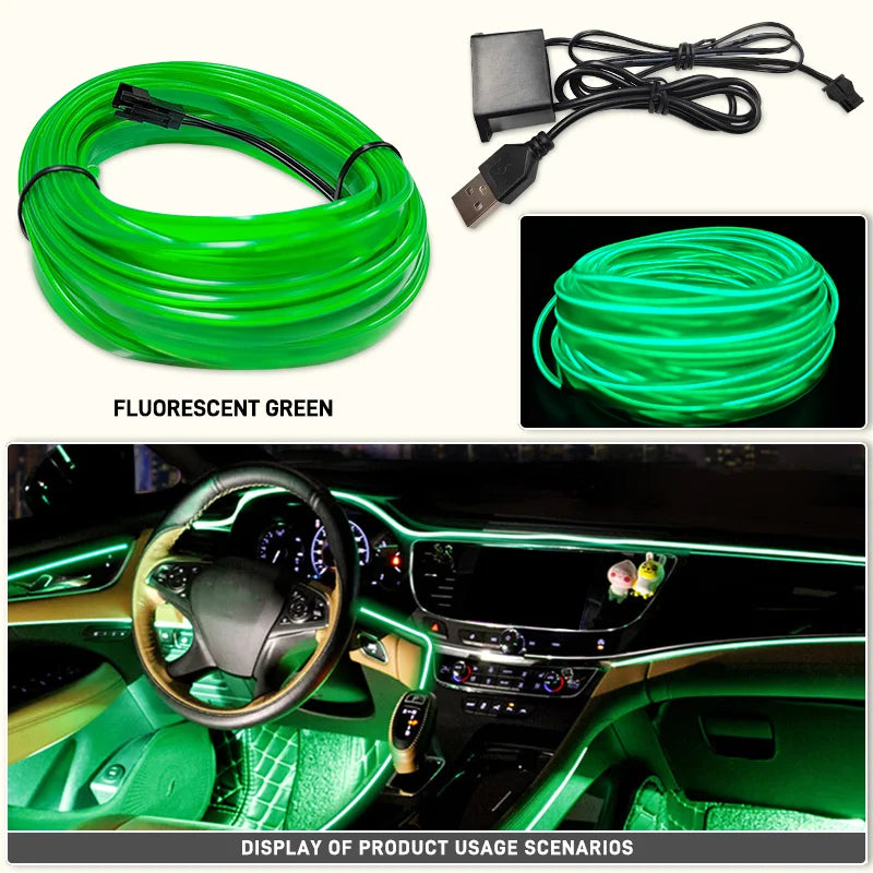 1/2/3/4/5M LED Decorative Lamp, Flexible Neon Cable Strip, USB Interior Lighting for Vehicles, Party Mood Diode, Ambient Lights