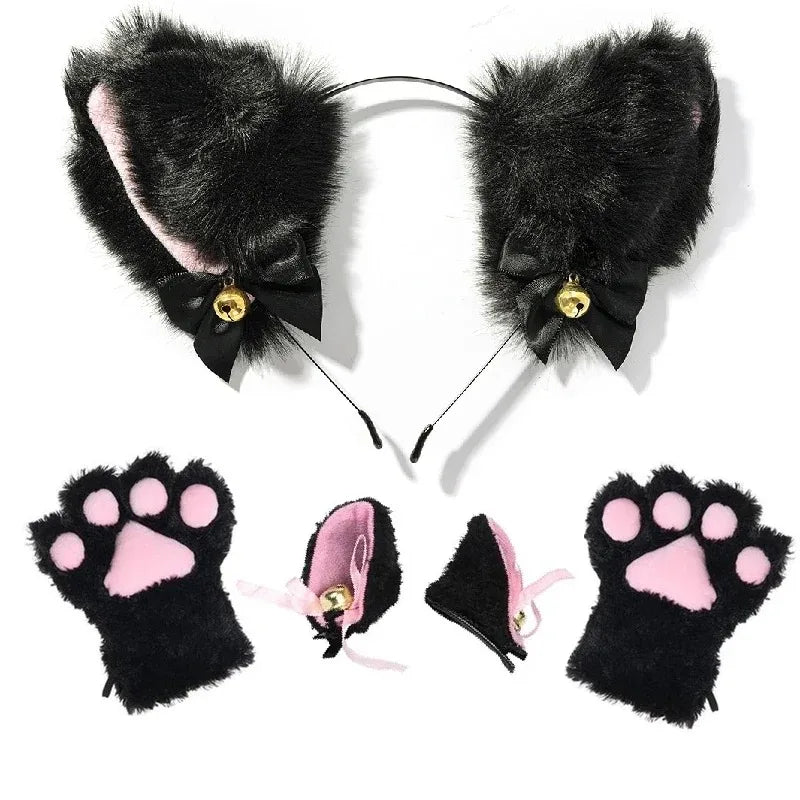 1 Set Cute Cat Ear Hair Wear Claw Gloves Girls Anime Cosplay Costume Plush Bell Cat Fur Ear Hairband Night Party Club Headbands