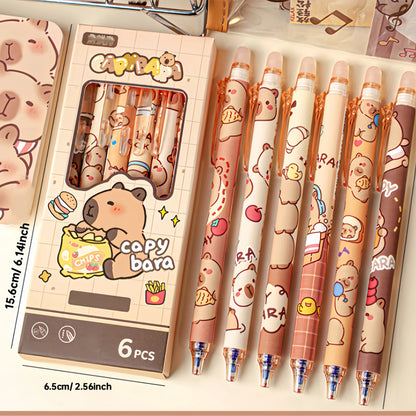 6pcs Cute Capybara Erasable Gel Pens | 0.5mm Retractable Blue Ink for School & Office | Smooth Writing & Quick-Drying (6 Colors)