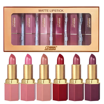 6 Colors Gold Bar Tube Lipstick Matte Texture Pearlescent Glitter Velvet Lipstick Valentine's Day Gift 6PCS