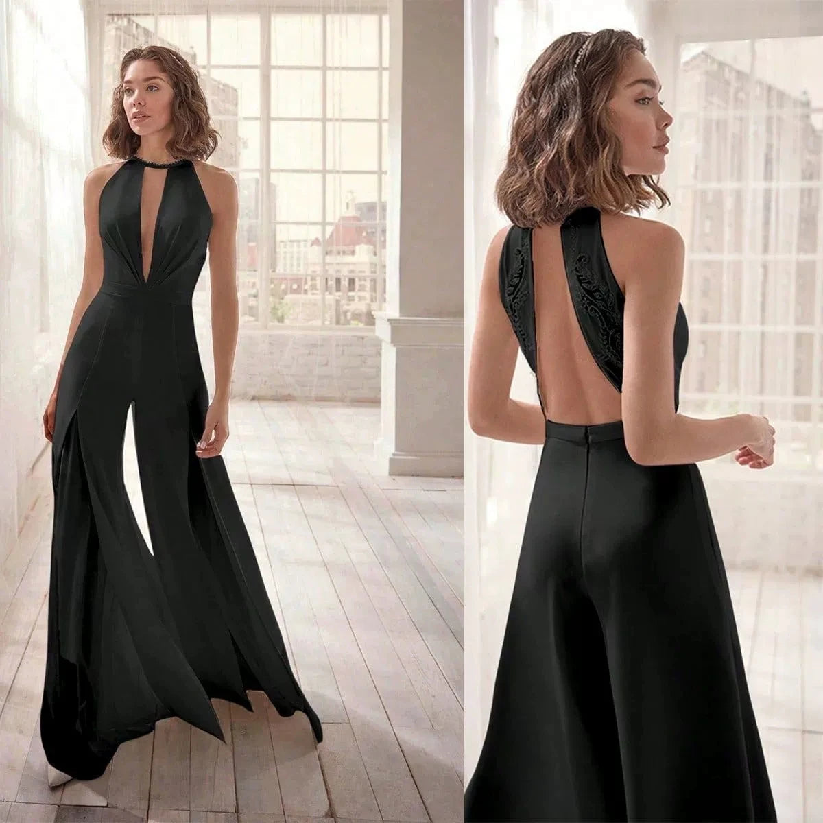 Sexy Deep V-neck Jumpsuits Women Sleeveless Halter Neck Backless Lace Hollow Out Wide Legs Slit Flared Jumpsuit Elegant Fashions
