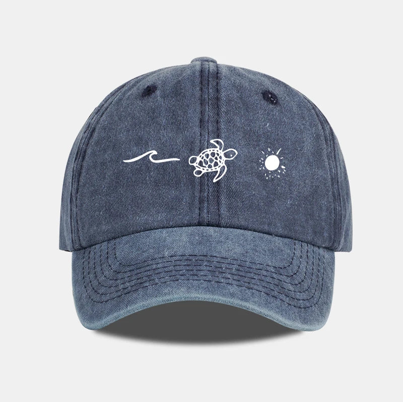 Retro Washed Baseball Cap with Wave, Turtle, and Sun Print – Unisex Adjustable Dad Cap – Summer Beach Sun Hat