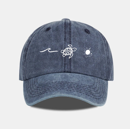 Retro Washed Baseball Cap with Wave, Turtle, and Sun Print – Unisex Adjustable Dad Cap – Summer Beach Sun Hat