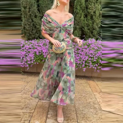 2025 Floral Print High Waist Pleat Party Dress Elegant Women Bat Sleeve Swing Party Dress Female Chest Low Cocktail A-Line Dress