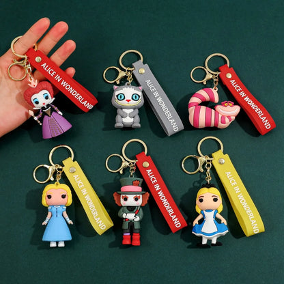 Alice in Wonderland Silicone Keychain Lovely 3D Anime Film Figure Key Chain Keyrings Backpack Bag Car Accessories Gift