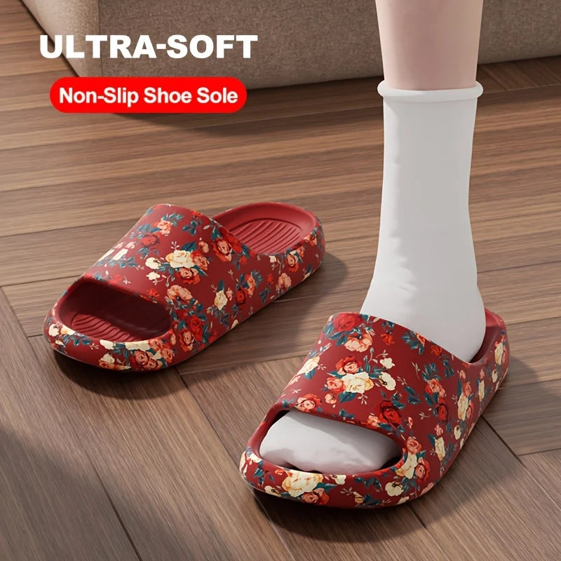 Women Men Floral Slide Sandals Plus Size Soft Slippers Thick Sole Non Slip Beach Shoes Casual Summer Indoor Outdoor Footwear