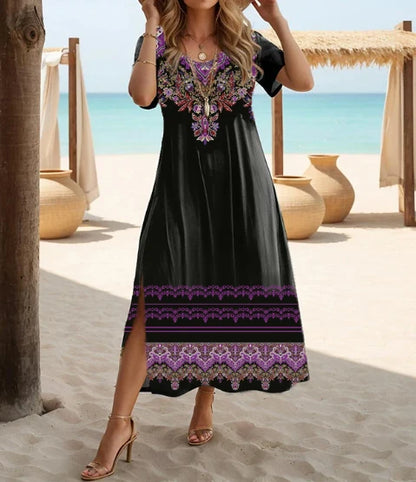 Ethnic Bohemian floral print casual vacation short-sleeved large-size dress