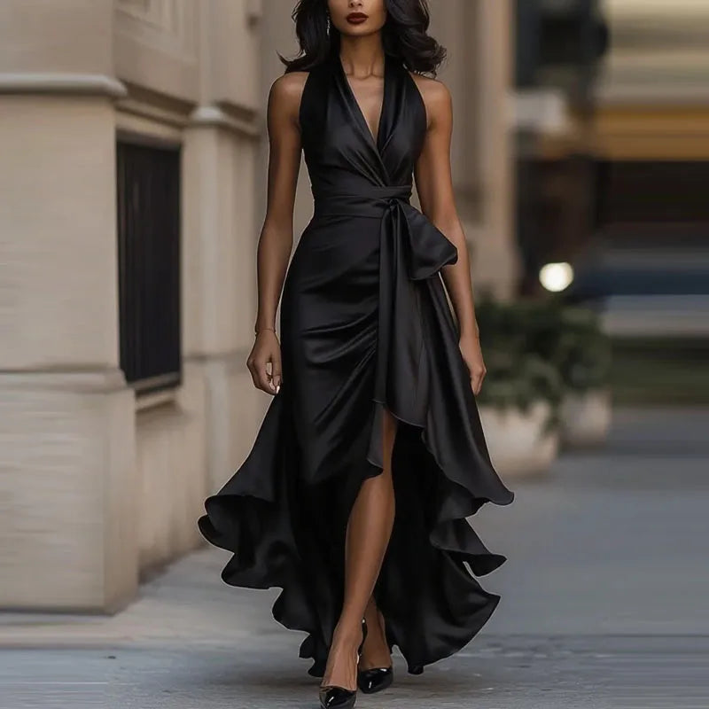 Temperament V-neck Irregular Satin Evening Dress Sexy Slim Solid Color Pleat Dress Summer New Lace Up Off Shoulder Banquet Dress