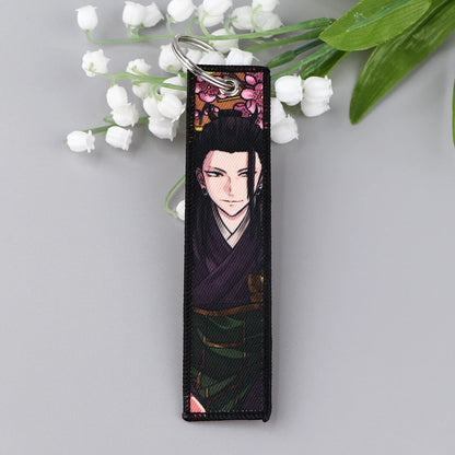 Anime Satoru Gojo Geto Suguru Embroidery Key Fobs Japanese Manga Key Tag Keychain Key Ring Backpack Chaveiro