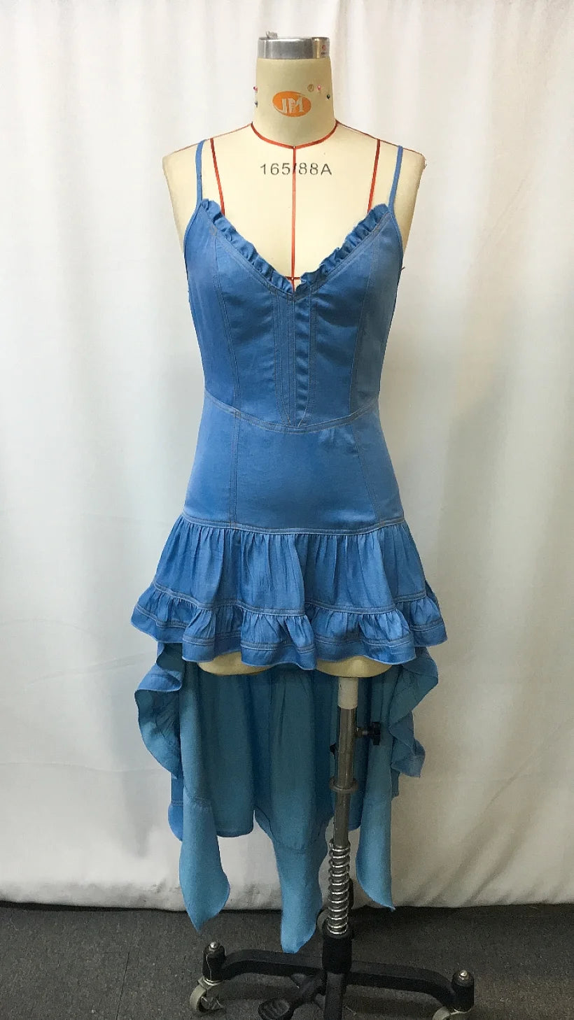 Women's Denim Retro Western Midi Flare Dress with Ruffle Skirt - Vintage Cowboy Style Fall Fashion, Stretch Comfort