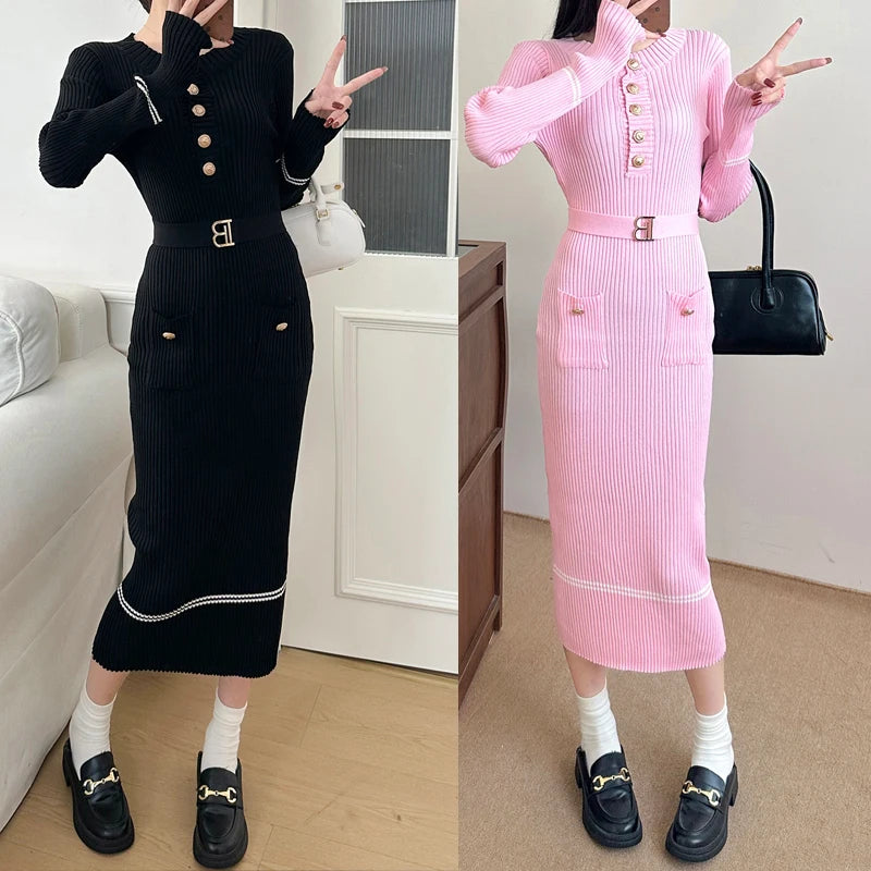 YuooMuoo 2025 Autumn Winter Women Knitted Dress Brand Fashion O-neck Buttons Bodycon Sweater Dress with Belt Lady Office Dress