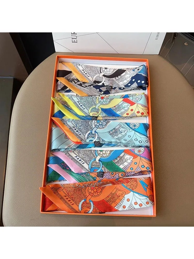 5*90cm French Retro Printed Silk Scarf Tied and Wrapped Handle Ribbon Scarf Light Luxury Saddle Twill Streamer Decoration