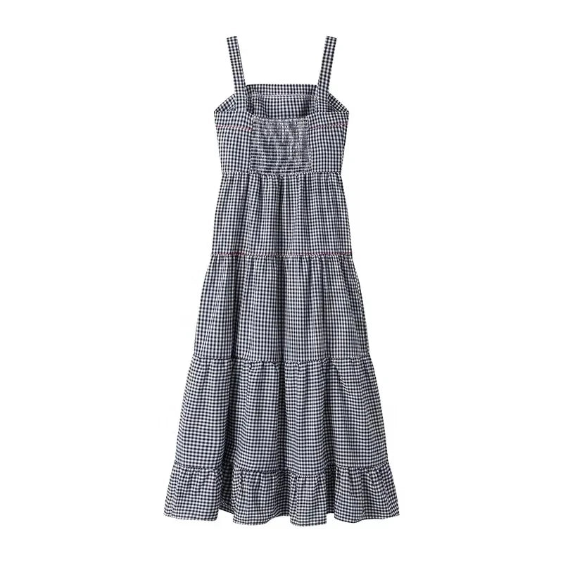 MUJER Plaid Slip Long Dress Woman Embroidery Ruffle Summer Dresses 2025 Sleeveless Beach Holiday Dress Women Casual Midi Dresses