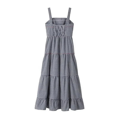 MUJER Plaid Slip Long Dress Woman Embroidery Ruffle Summer Dresses 2025 Sleeveless Beach Holiday Dress Women Casual Midi Dresses