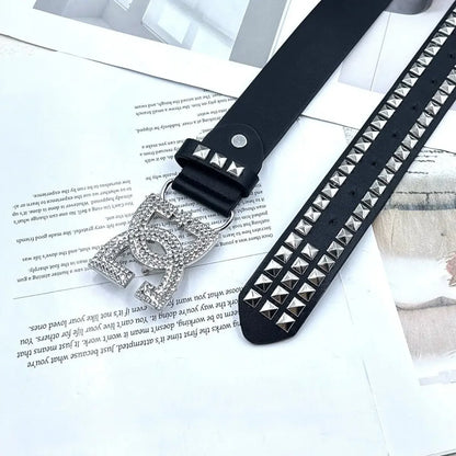 Women Rhinestone Rivet Leather Belt 120cm Y2K Punk Luxury Hot Girl Versatile Decor Waist Belt