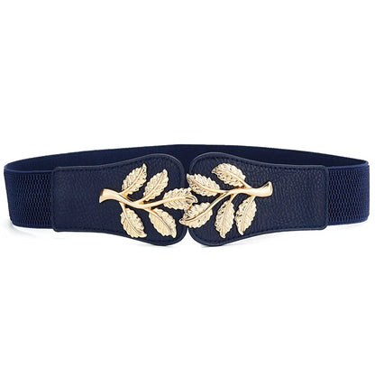 Women's Waist Cover Fashionable Gold Leaf Elastic Waist Closure With Double Hook Buckle Wide Belt Paired With Skirt Women Belt