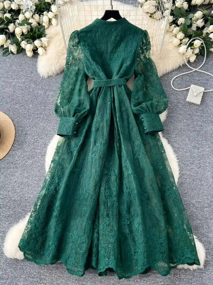 Luxury Embroidery Formal Dresses Women Summer Autumn Lantern Long Sleeve Lace Vestidos Pearl Prom Evening Birthday Dress Party