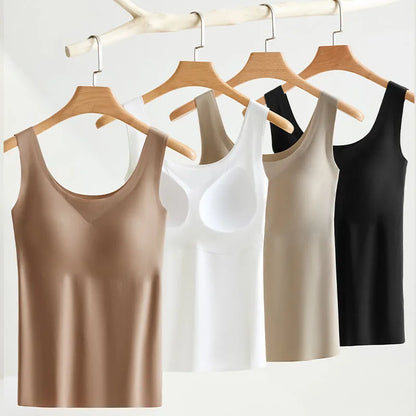 M-2XL Ice Silk Seamless One-piece Bottoming Tank Tops with Chest Pads Women Inner Outerwear Wide Shoulder Sleeveless Tops