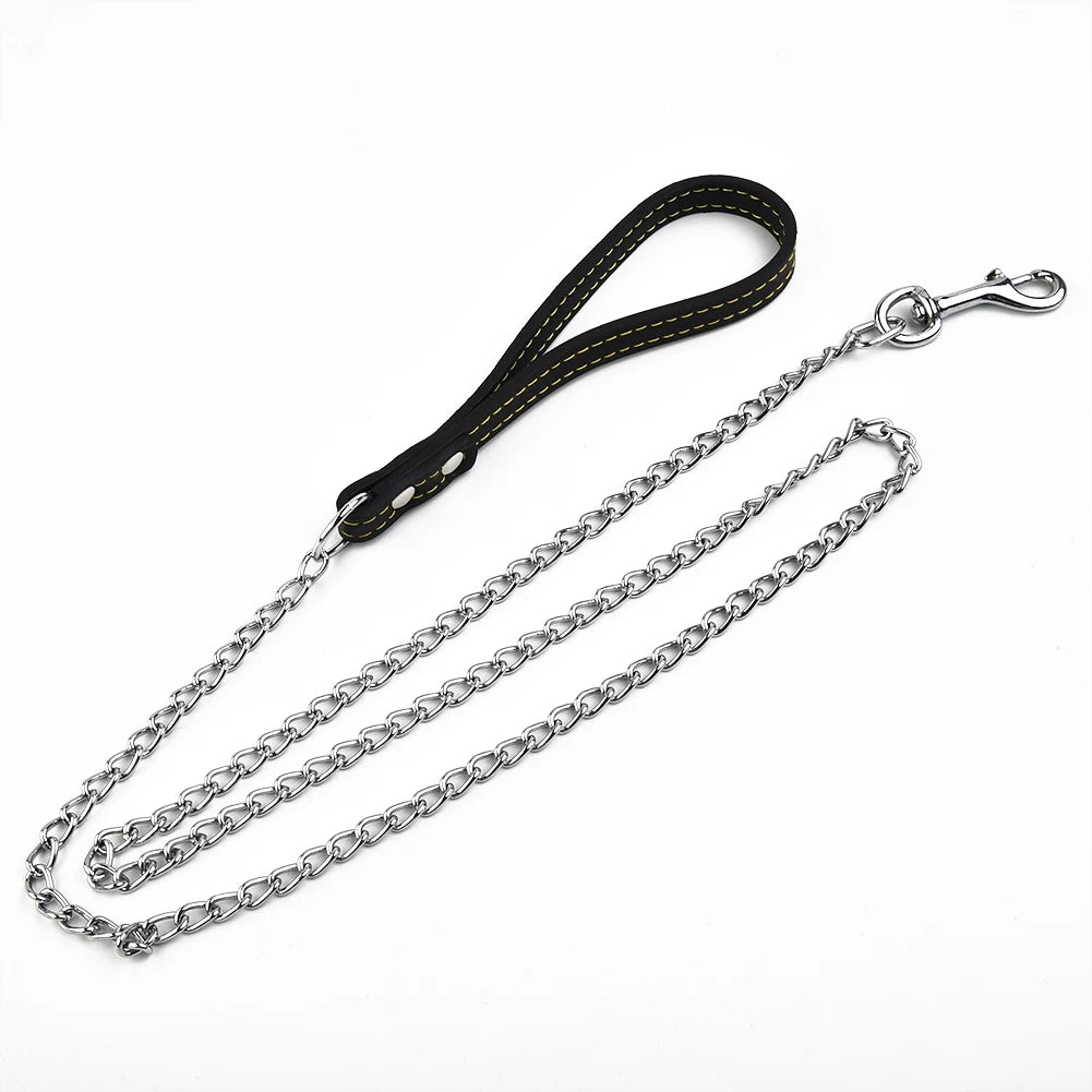 Metal Chain Dog Lead with Leather Style Handle Strong Control Leash Iron Dog Pets Supplies Collars Harnesses Chain Traction Rope