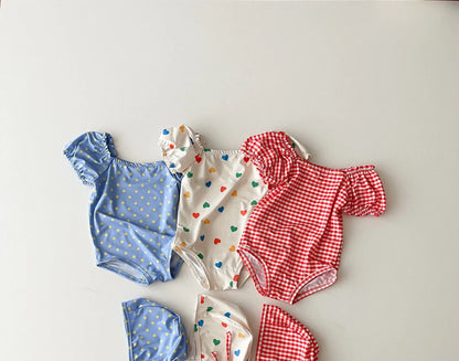 2025 Summer New Baby Girl Long Sleeve Sunscreen Swimsuit Newborn Bodysuit Toddler Girls Heart Print One Piece + Hat