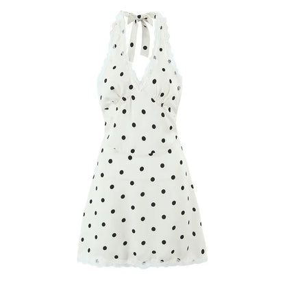YENKYE Lace Spliced Polka Dot Halter Dress Women Elegant A-line Mini Sexy Backless Dresses Summer Robe 2025