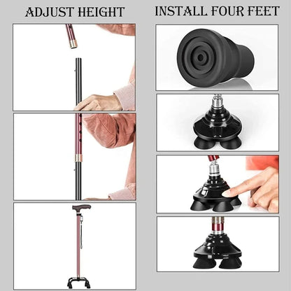 LED Light Non-Slip Elderly Walking Sticks Aluminum Alloy Cane Multifunctional Crutch with Large Footprint for Senior Men