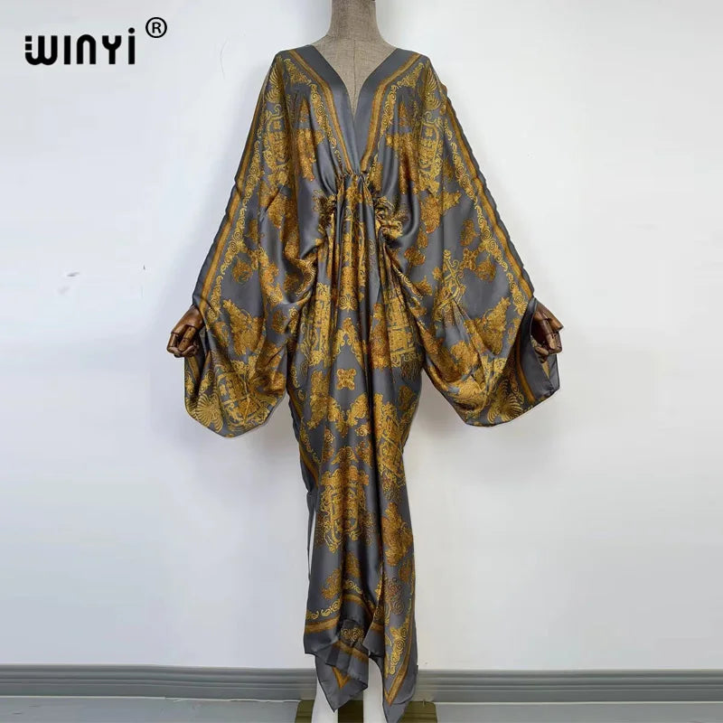 Sexy bech high-quality hand-rolled feel silk rayon fashion print 2021 WINYI Maxi women's robes long beach V-neck Bohemian dress
