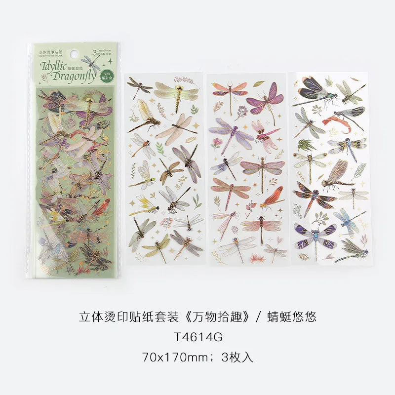 3pcs Kawaii Feather Dragonfly Bird Jellyfish Decorative Stickers Pack Scrapbooking Material Label Diary Phone Journal Planner