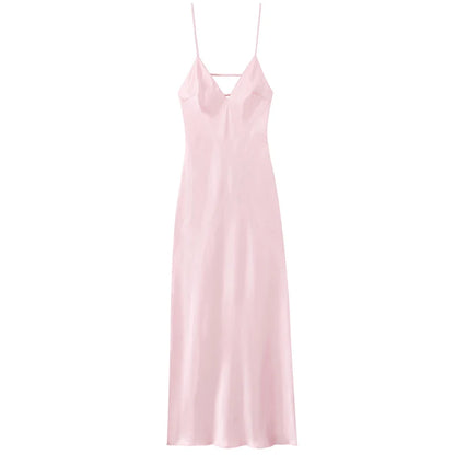 HXAO Womens Yellow Slip Dress Summer 2025 Woman Satin V-Neck Party Dresses Elegant Evening Sleeveless Backless Long Vestidos 066