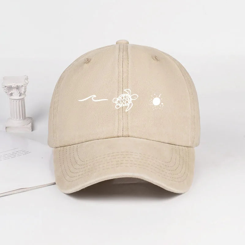 Retro Washed Baseball Cap with Wave, Turtle, and Sun Print – Unisex Adjustable Dad Cap – Summer Beach Sun Hat