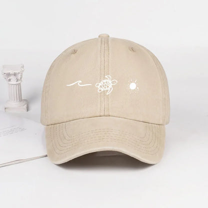 Retro Washed Baseball Cap with Wave, Turtle, and Sun Print – Unisex Adjustable Dad Cap – Summer Beach Sun Hat