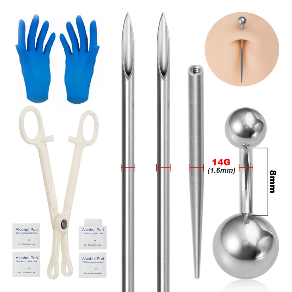 Body Piercing Kit Surgical Steel Threaded Taper Pin Needles Lip Nose Tongue Cartilage Eyebrow Navel Piercing Jewelry Tool Pliers