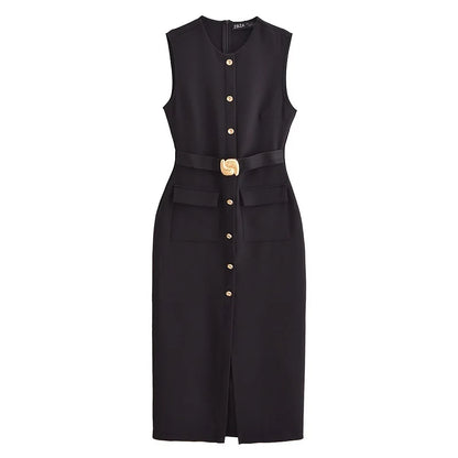 MUJER 2025 Womens Dresses Black Office Long Dresses for Women Spring Sleeveless Midi Dress Woman Belt Button Women's Dress Vest