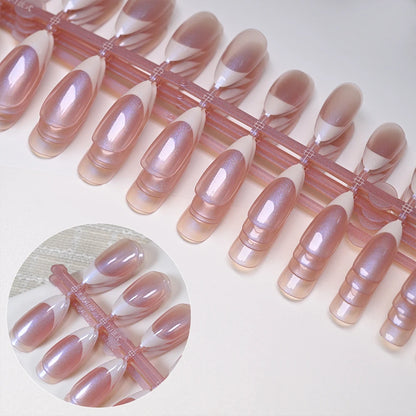 120pcs French Pearlescent Fake Nails Short Almond Full Cover Press On Nail White Edge Design 12Sizes Pink French-False Nail Tips