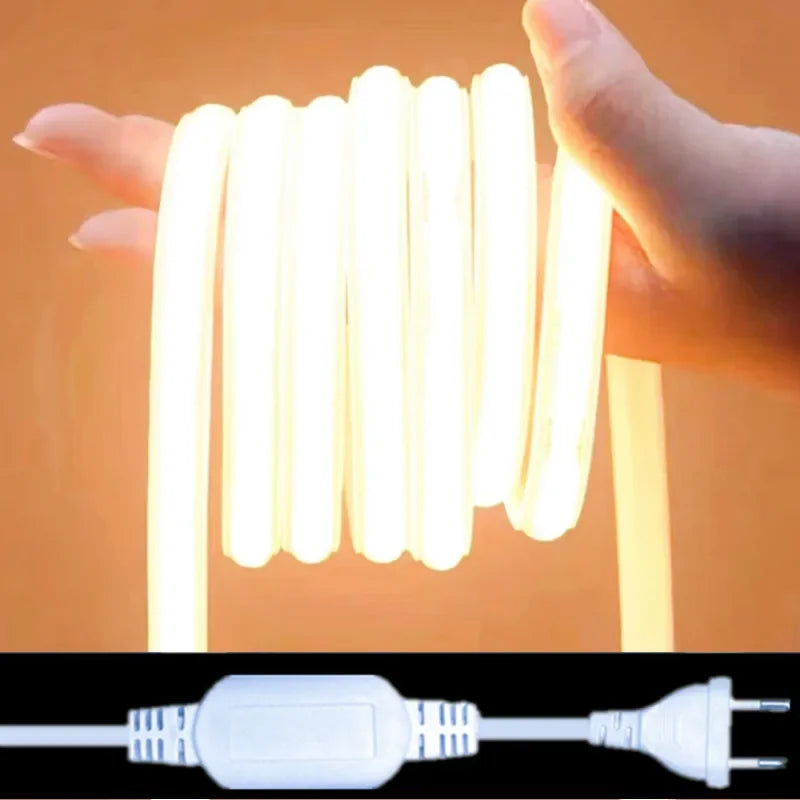 COB LED Strip 220V Switch/Dimmable Power EU Plug 288LEDs/m 3000k 6000k RA90 Outdoor Garden FOB LED Tape Bedroom Kitchen Lighting