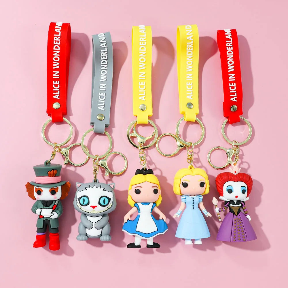 Alice in Wonderland Silicone Keychain Lovely 3D Anime Film Figure Key Chain Keyrings Backpack Bag Car Accessories Gift