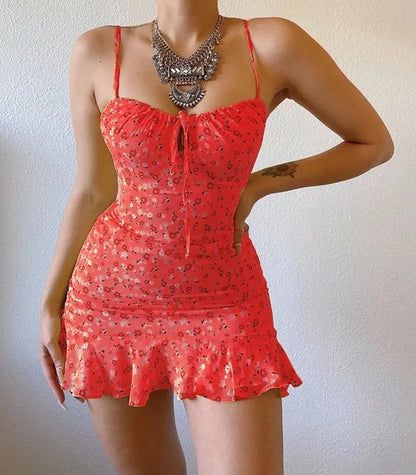 Floral Print Spaghetti Strap Dresses Women Sexy Low Cut Hollow Out Leace-up Package Hip Ruffles Mini Dress Female Vestidos 2024
