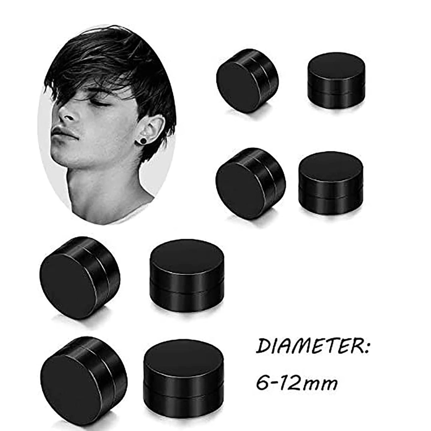 1 Pair 6-12mm Black Stainless Steel Hypoallergenic Magnetic Fake Gauges Earring Studs for Men Women Non Pierced Earrings