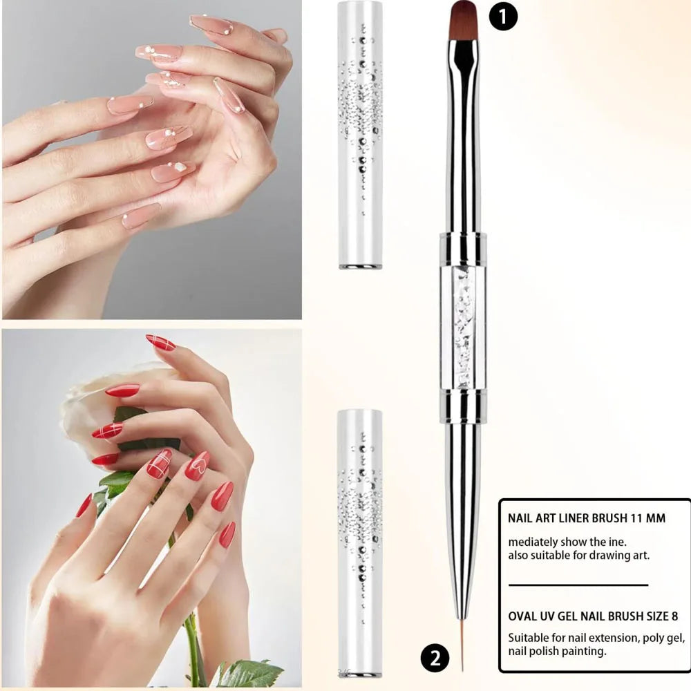 Pro Dual-Ended Builder Gel Nail Art Brush Rhinestone Handle for Painting French Tip Nail Brush Polish Gel Liner Manicure Tools