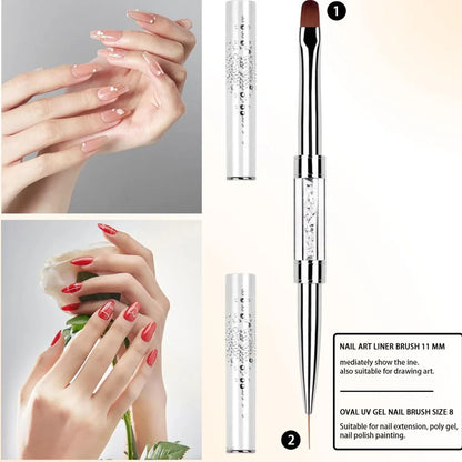 Pro Dual-Ended Builder Gel Nail Art Brush Rhinestone Handle for Painting French Tip Nail Brush Polish Gel Liner Manicure Tools