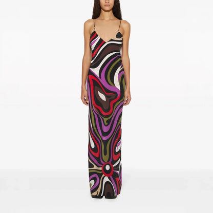 Women's Spaghetti Strap Dress Irregular Color Print Sexy V-neck Backless Slim Slit Long Dresses Summer Party Commuting Vestidos