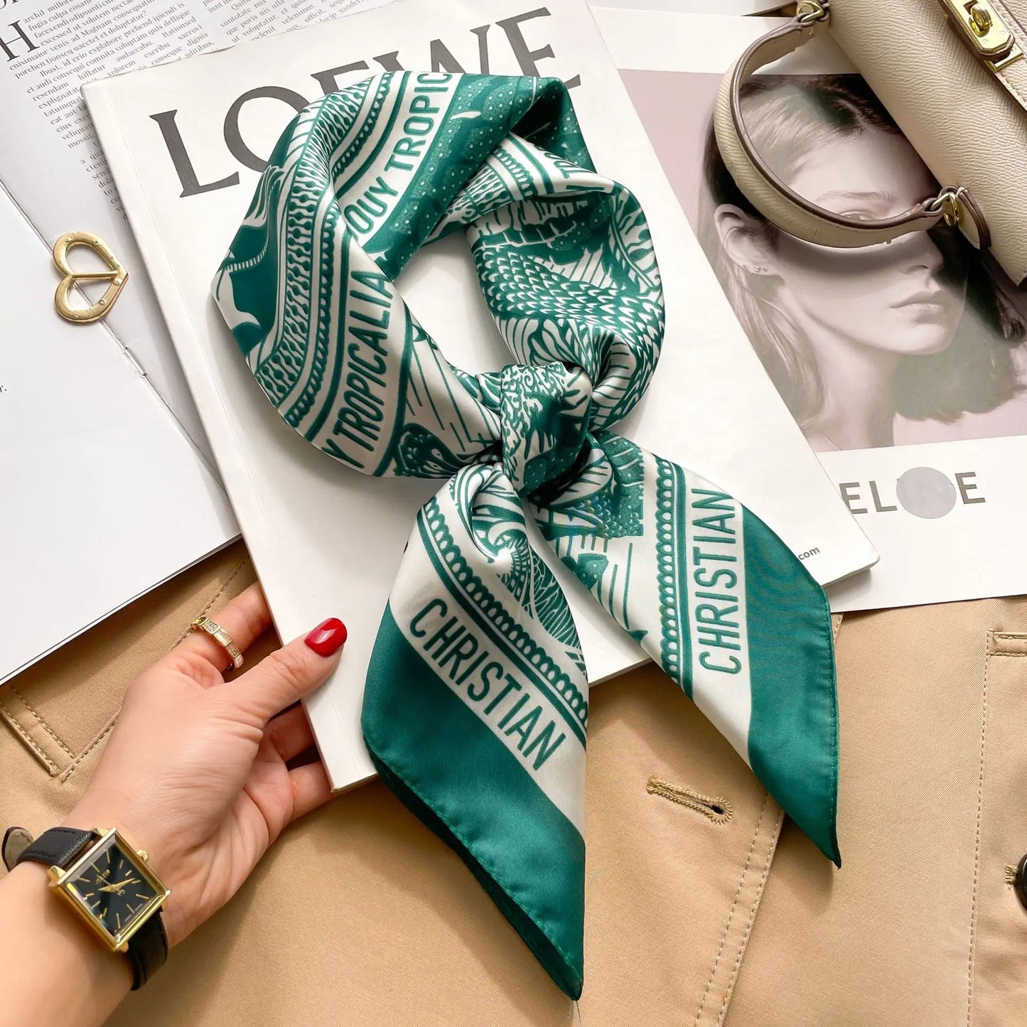 1pcs 70cm Houndstooth Printed Square Scarf For Women Silk CHRISTIAN Letters Fashionable And Versatile Headscarf Scarf Bandana