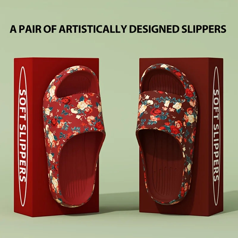 Women Men Floral Slide Sandals Plus Size Soft Slippers Thick Sole Non Slip Beach Shoes Casual Summer Indoor Outdoor Footwear