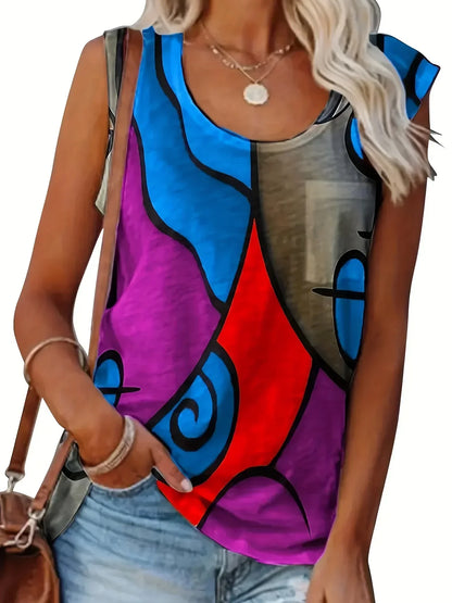 Plus Size 1XL-8XL Women's Fashion Sleeveless Colorblock Print Tanks Ladies Casual Crew Neck Summer Vest Tank Top