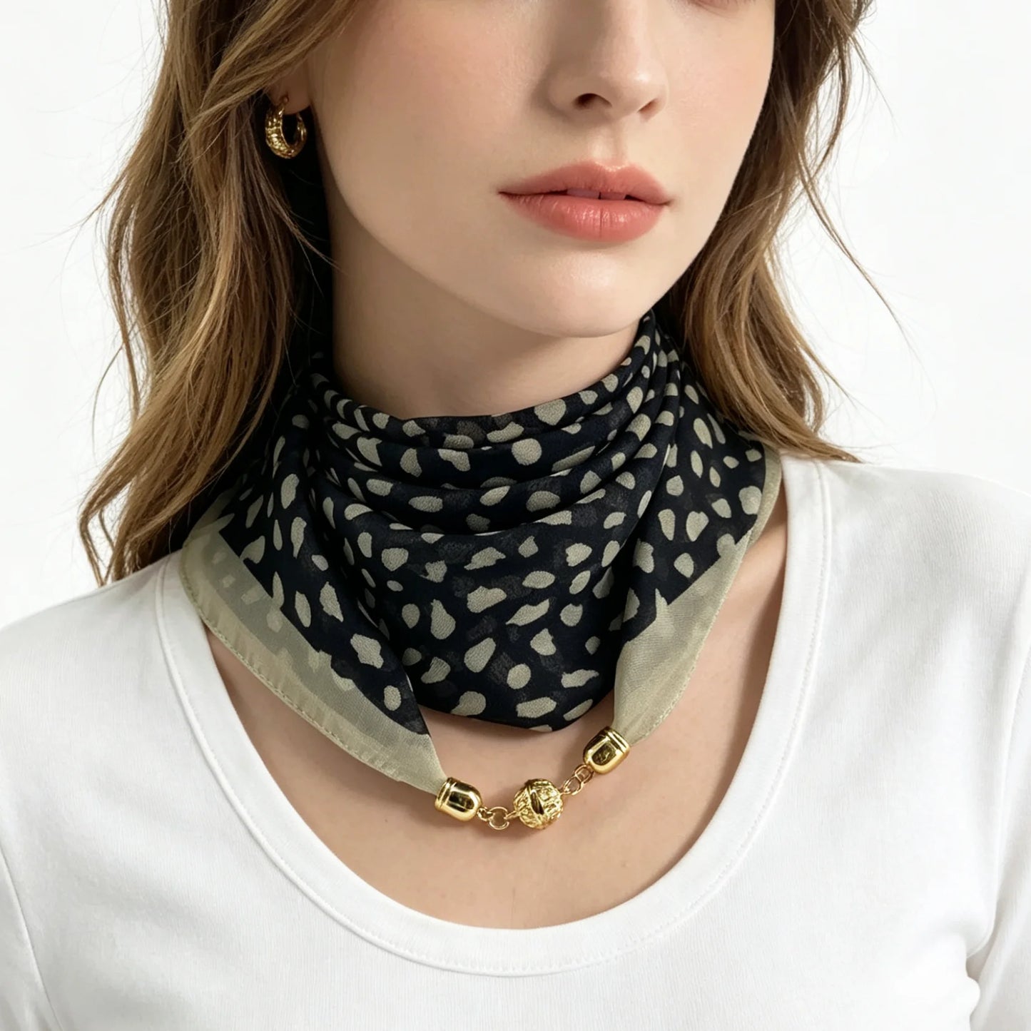 Leopard Print Magnetic Buckle Scarf, 60cm Square Thin Chiffon Neck Scarf, Quick & Easy Wear Fastening Neck Wrap,Decorative Scarf