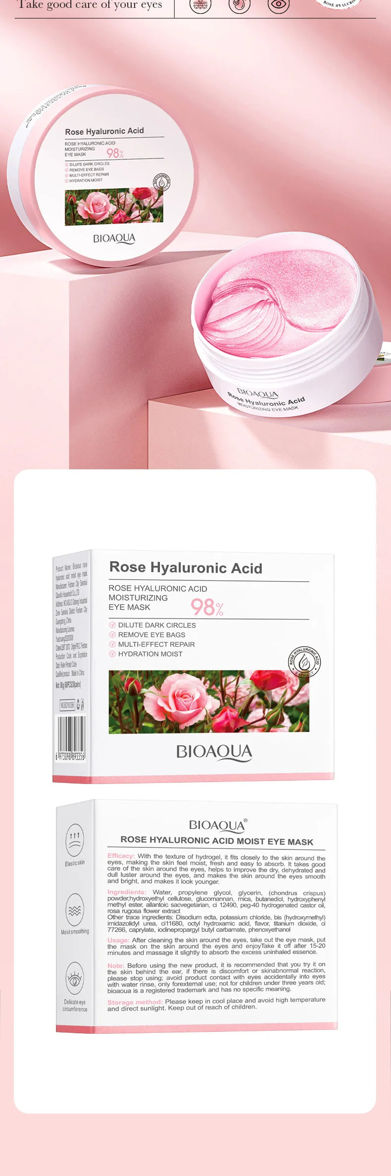 BIOAQUA Rose Hyaluronic Acid Travel Size Eye Mask Anti Wrinkle Dark Circles Eye Patches Moisturizing Firming Skin Care