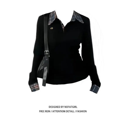 American POLO Collar Checkered Long-sleeved T-shirt Women Spring Fall New Slim Fit Embroidered Elegant Fake Two-piece Top