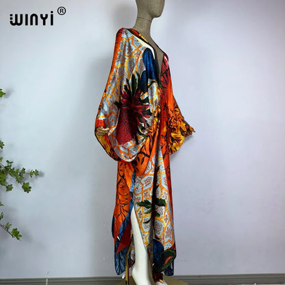 Sexy bech high-quality hand-rolled feel silk rayon fashion print 2021 WINYI Maxi women's robes long beach V-neck Bohemian dress