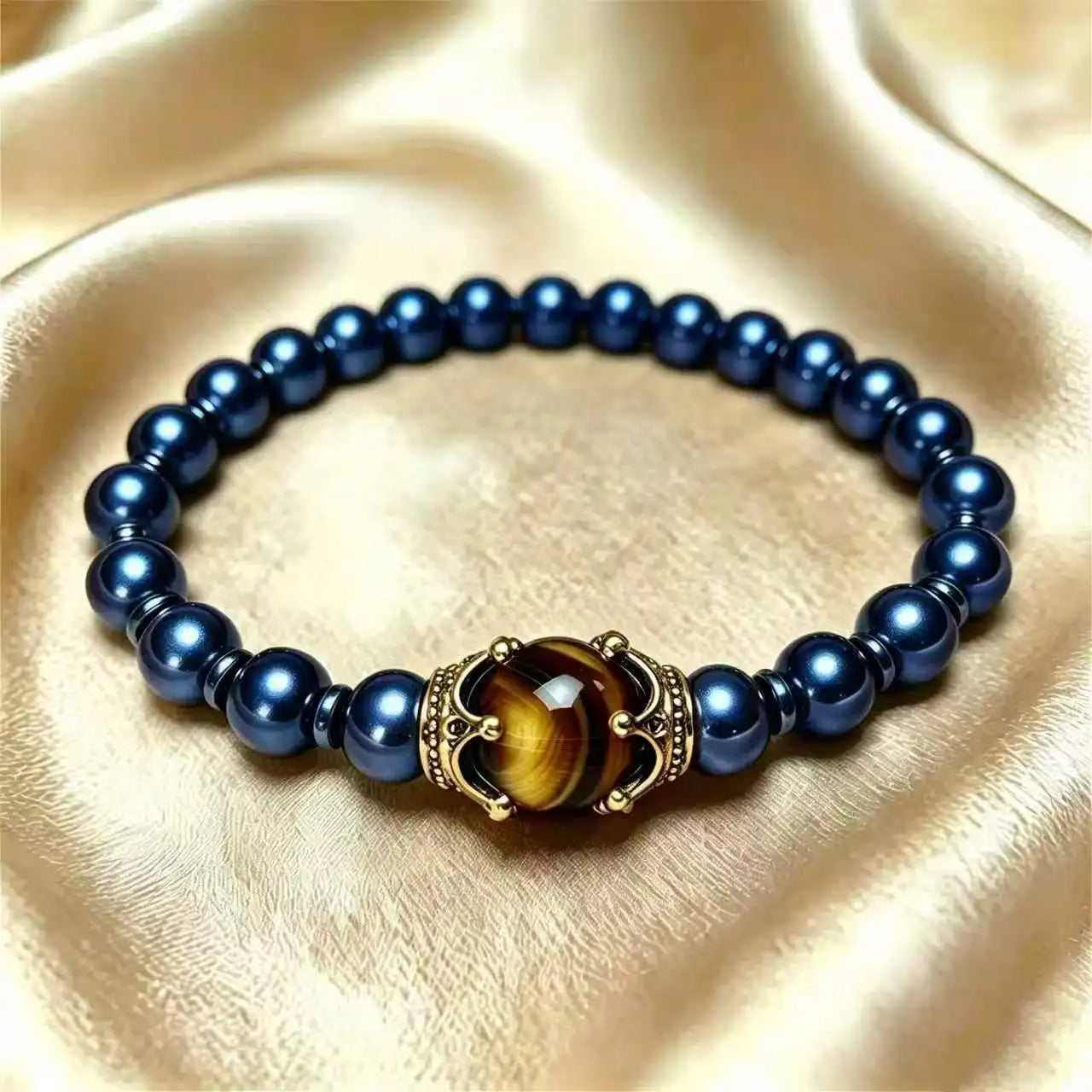 Men's Stylish Natural Stone Bracelet Vintage Crown Symbol of Power Hematite Beads Gift for Friends Natural Tiger Eye beads