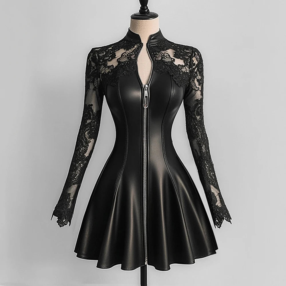 Women’s Elegant PU Leather Dress Black Lace Patchwork Mesh Long Sleeve Zipper Up Bodycon Dress A-Line Party Sexy Mini Dresses